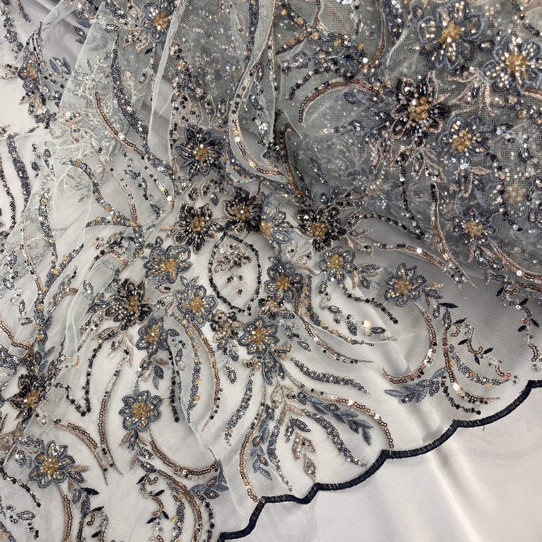 Beaded Lace Fabric Embroidered on 100% Polyester Net Mesh | Lace USA - GD-26227