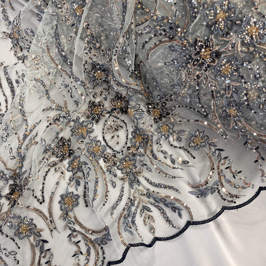 Beaded Lace Fabric Embroidered on 100% Polyester Net Mesh | Lace USA - GD-26227