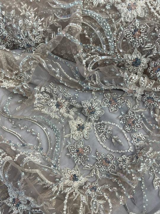 Beaded Lace Fabric Embroidered on 100% Polyester Net Mesh | Lace USA - GD-26227