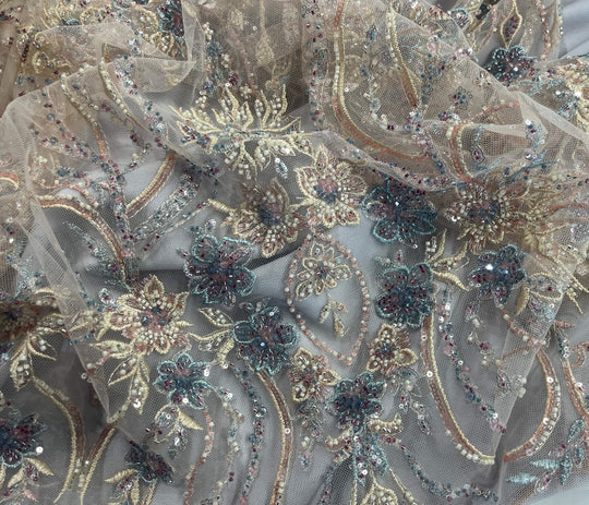 Beaded Lace Fabric Embroidered on 100% Polyester Net Mesh | Lace USA - GD-26227