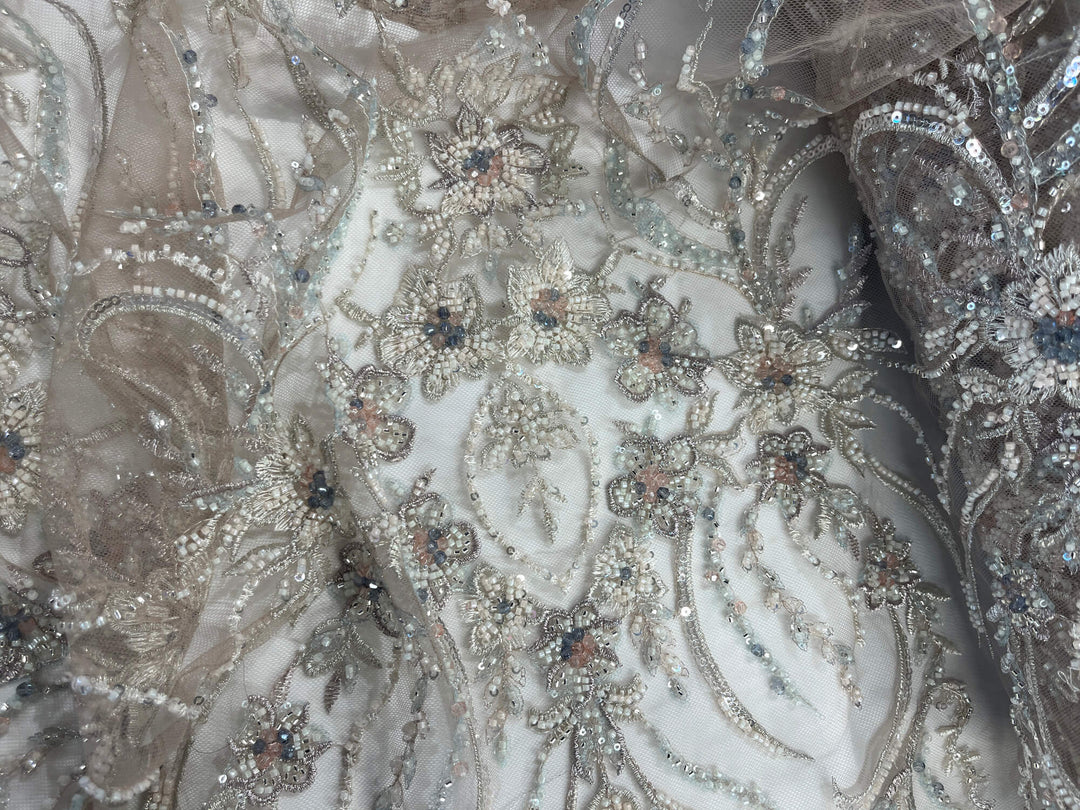 Beaded Lace Fabric Embroidered on 100% Polyester Net Mesh | Lace USA - GD-26227