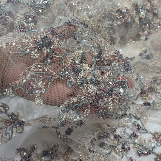 Beaded Lace Fabric Embroidered on 100% Polyester Net Mesh | Lace USA - GD-26229