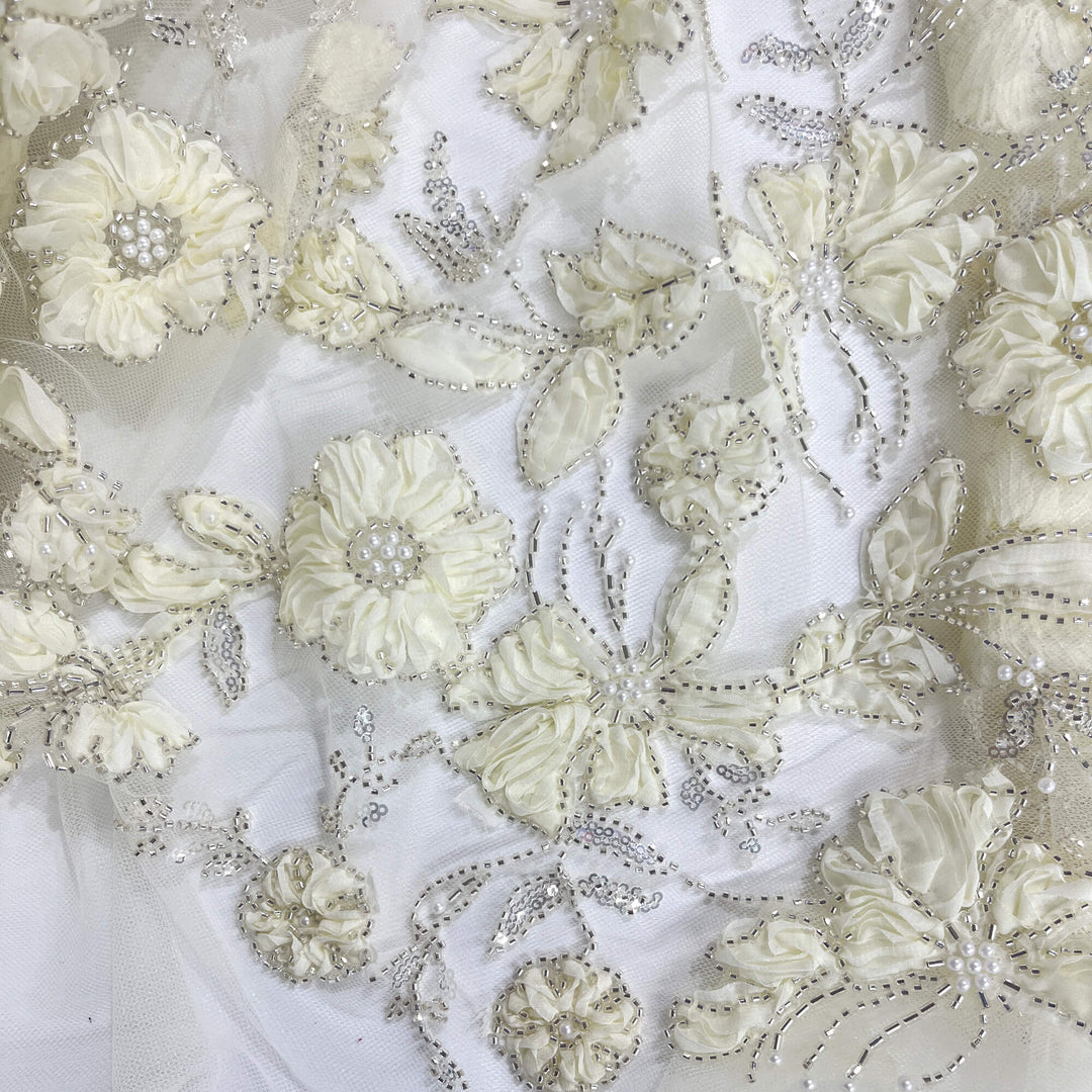 Beaded 3D Floral Lace Fabric Embroidered on 100% Polyester Net Mesh | Lace USA - GD-10143