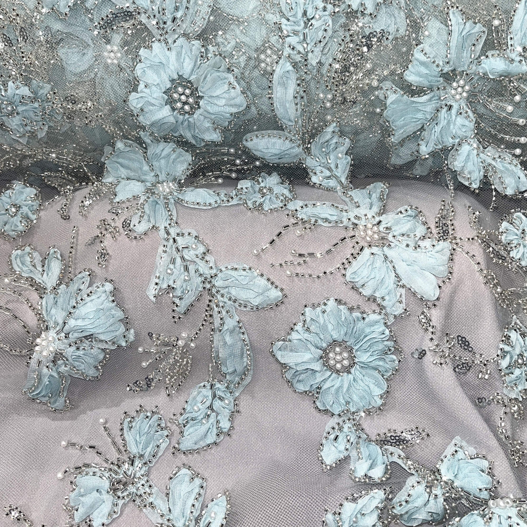 Beaded 3D Floral Lace Fabric Embroidered on 100% Polyester Net Mesh | Lace USA - GD-10143