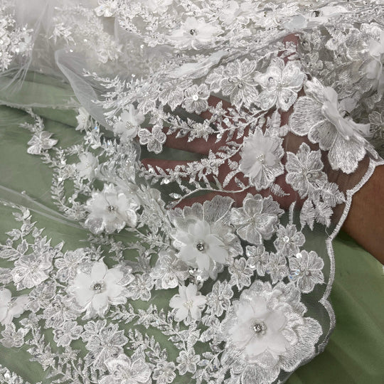 Beaded 3D Floral Lace Fabric Embroidered on 100% Polyester Net Mesh | Lace USA - GD-2880