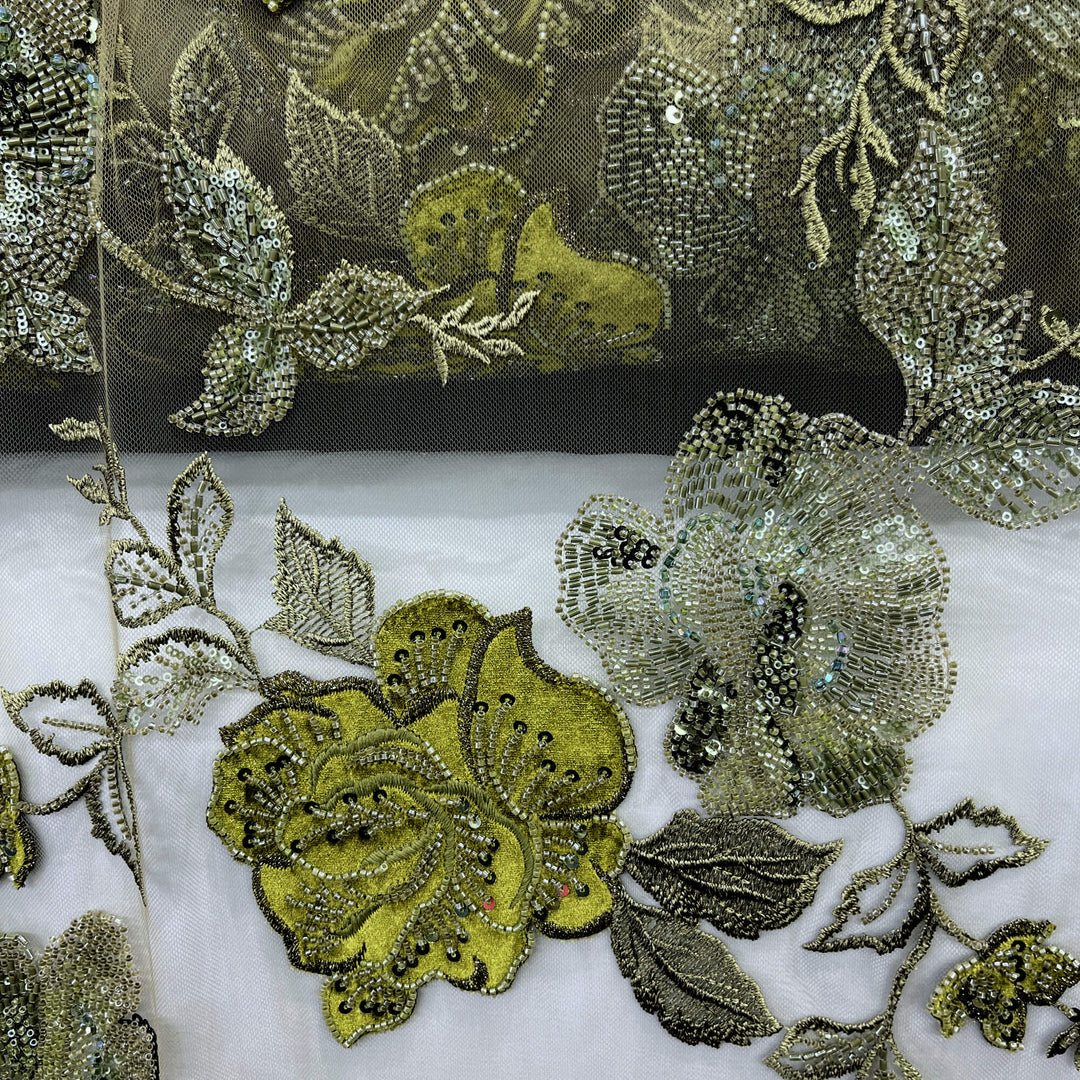 Beaded Lace Fabric Embroidered on 100% Polyester Net Mesh & Velvet | Lace USA - GD-2529