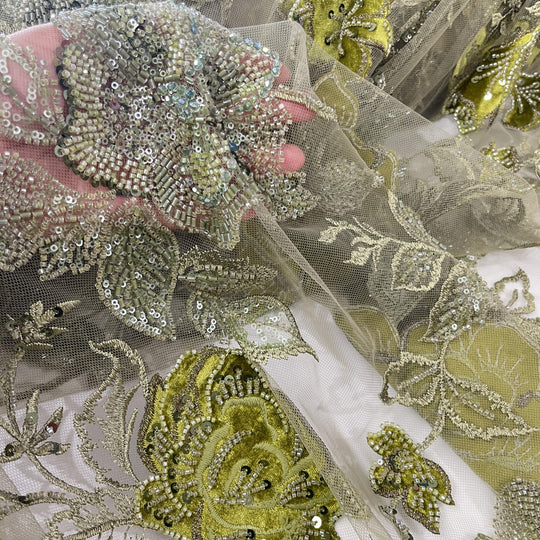 Beaded Lace Fabric Embroidered on 100% Polyester Net Mesh & Velvet | Lace USA - GD-2529