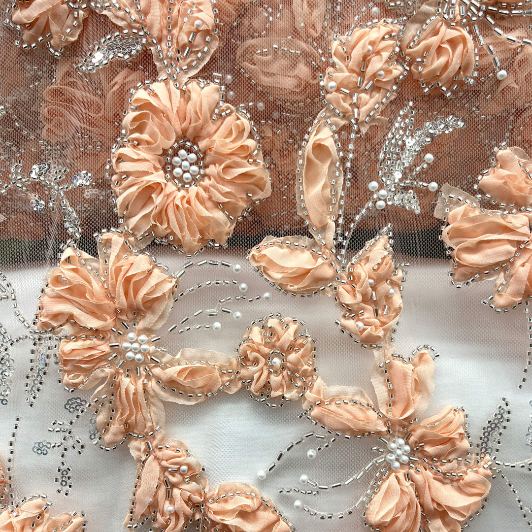Beaded 3D Floral Lace Fabric Embroidered on 100% Polyester Net Mesh | Lace USA - GD-10143