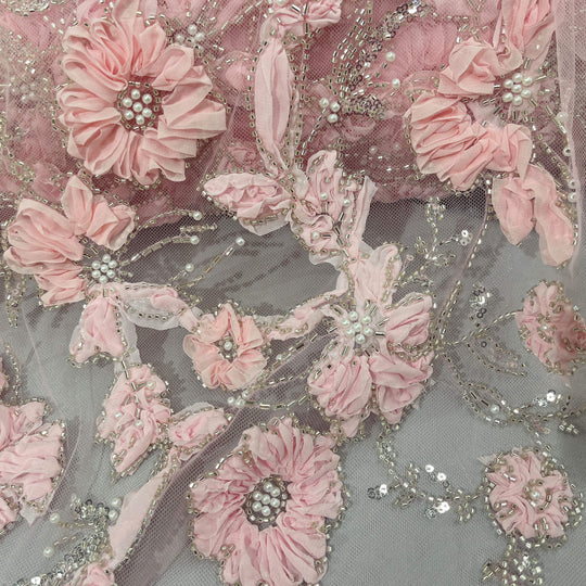 Beaded 3D Floral Lace Fabric Embroidered on 100% Polyester Net Mesh | Lace USA - GD-10143