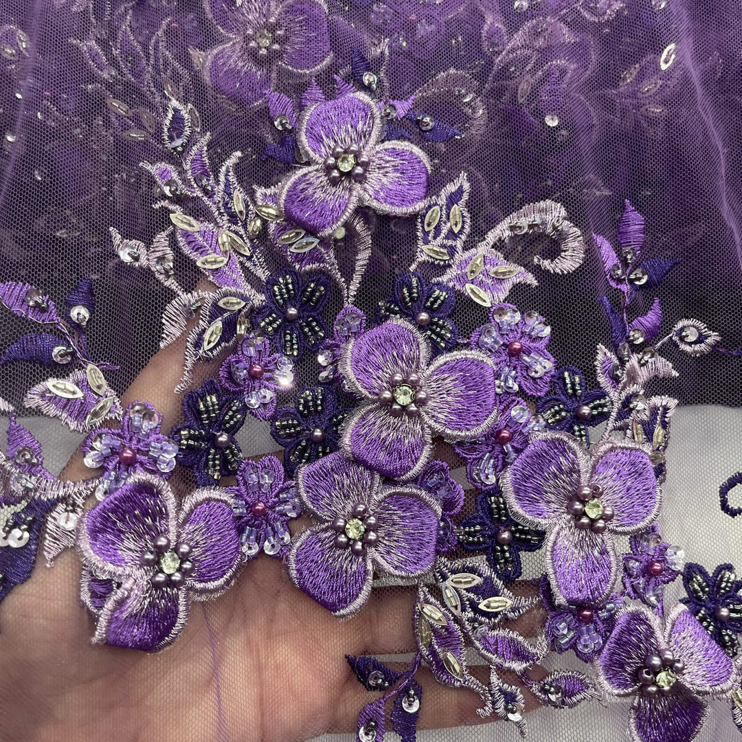 Closeup view of Lace USA GD-3040 3D floral lace with 3-tone purple/ Silver embroidery, embellished with beads and rhinestones—ideal for formalwear 