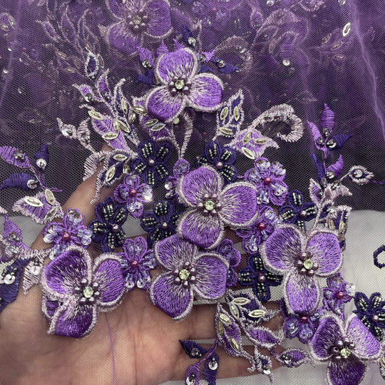 Closeup view of Lace USA GD-3040 3D floral lace with 3-tone purple/ Silver embroidery, embellished with beads and rhinestones—ideal for formalwear 