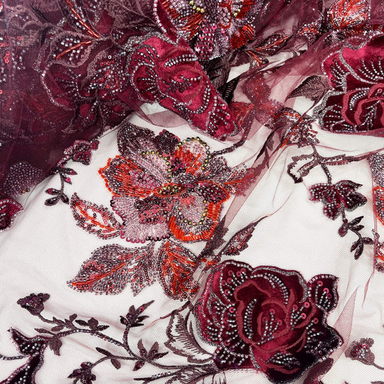 Beaded Lace Fabric Embroidered on 100% Polyester Net Mesh & Velvet | Lace USA - GD-2529