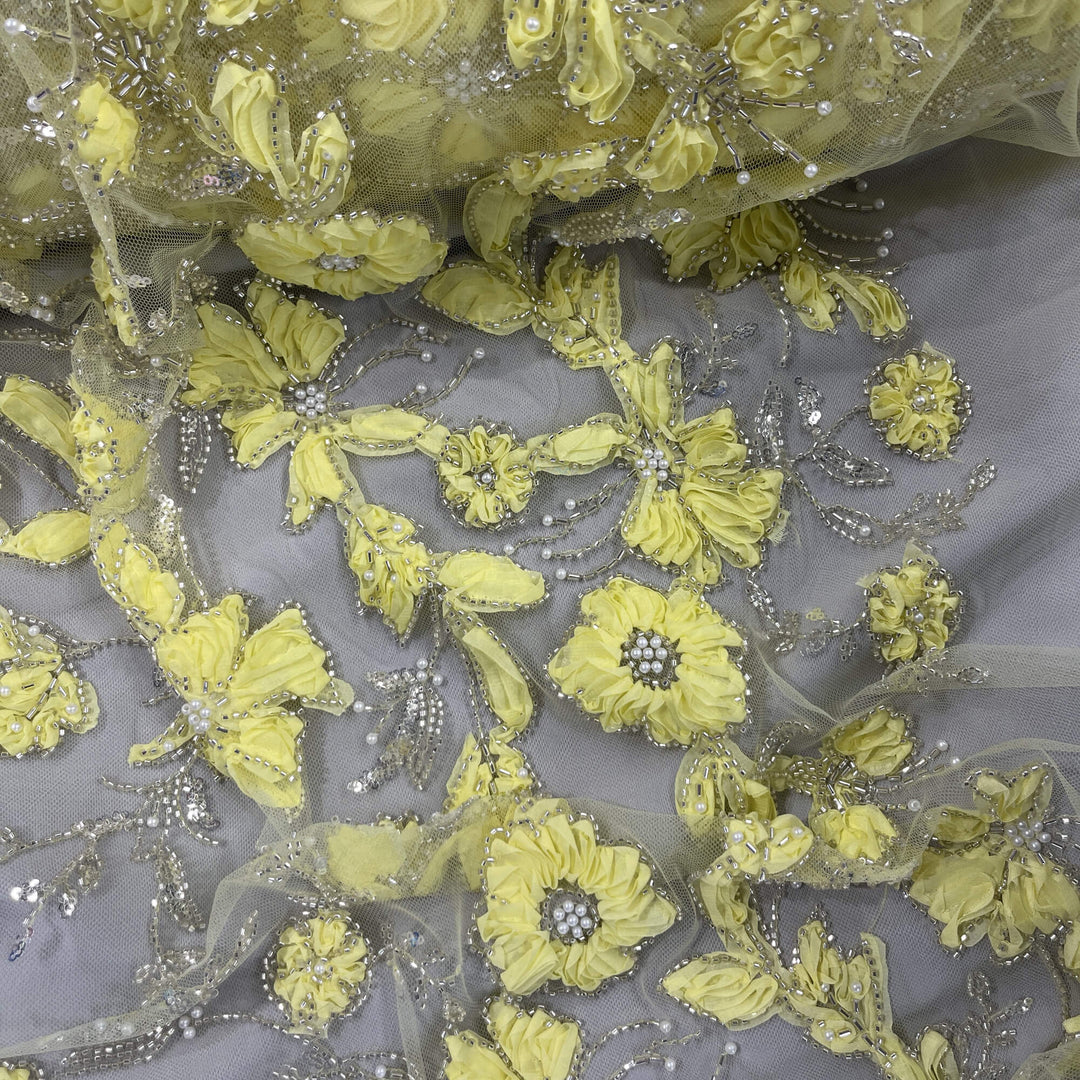 Beaded 3D Floral Lace Fabric Embroidered on 100% Polyester Net Mesh | Lace USA - GD-10143