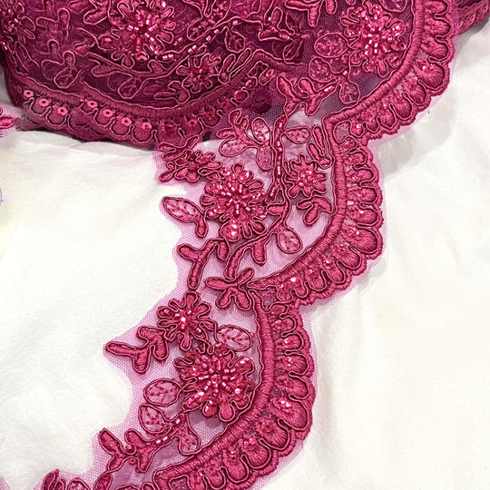 Beaded & Corded Floral scalloped Bridal Lace Trimming  | Lace USA - 96215W-BP