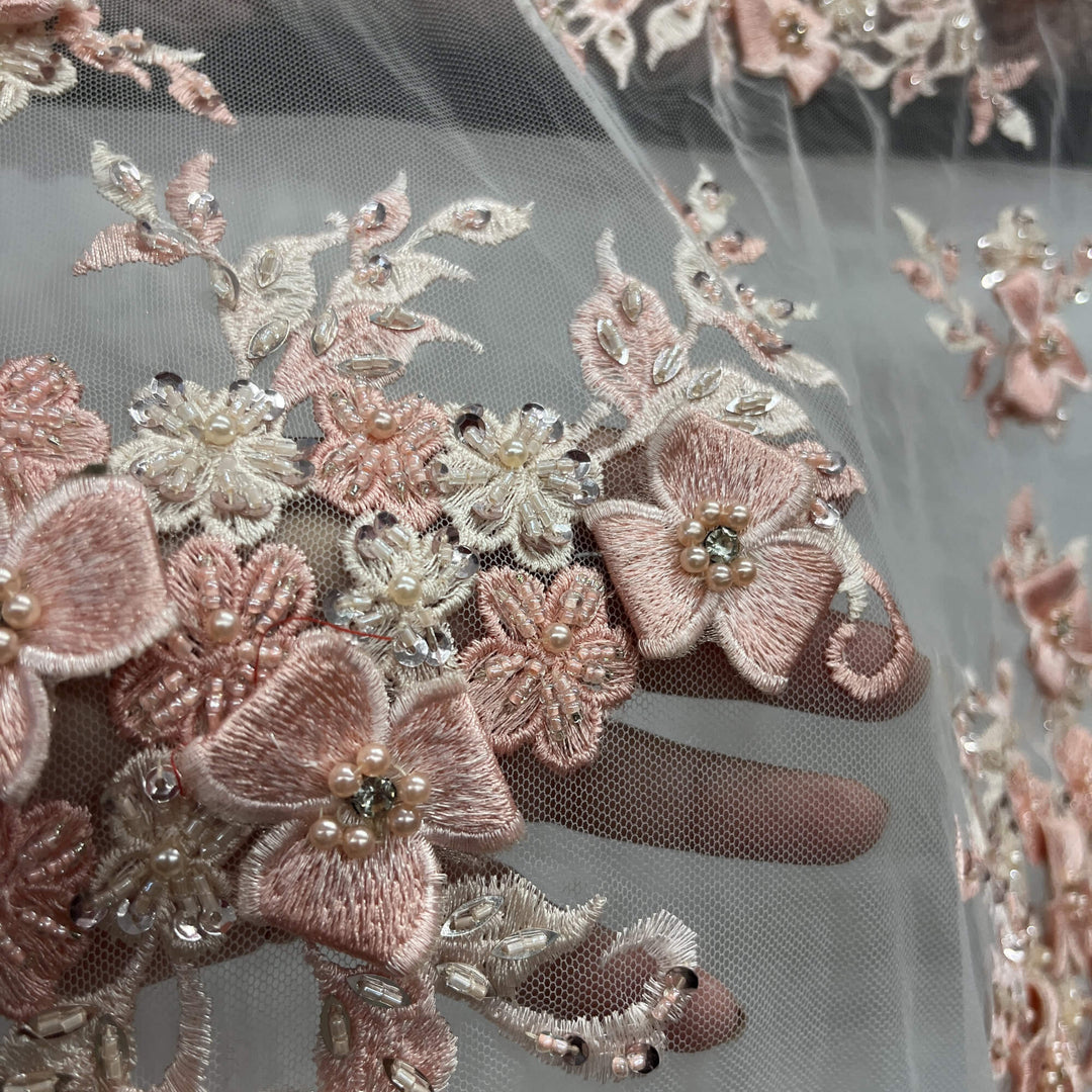 Closeup of Lace USA GD-3040 3D Peach floral lace, embellished with beads and rhinestones—ideal for dresses, gowns, and formalwear.