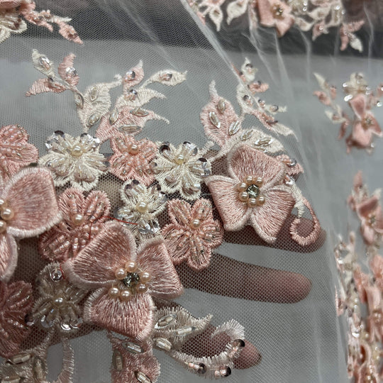 Closeup of Lace USA GD-3040 3D Peach floral lace, embellished with beads and rhinestones—ideal for dresses, gowns, and formalwear.