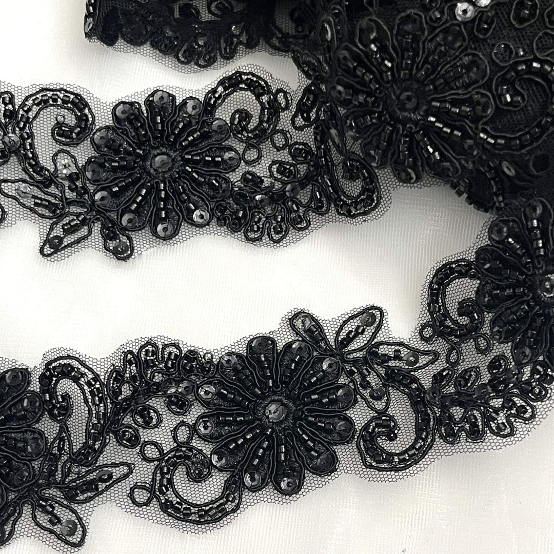 Closeup of Black color  Floral Beaded and Corded Lace Trim Embroidered Net Mesh | Lace USA #96275WHB Black