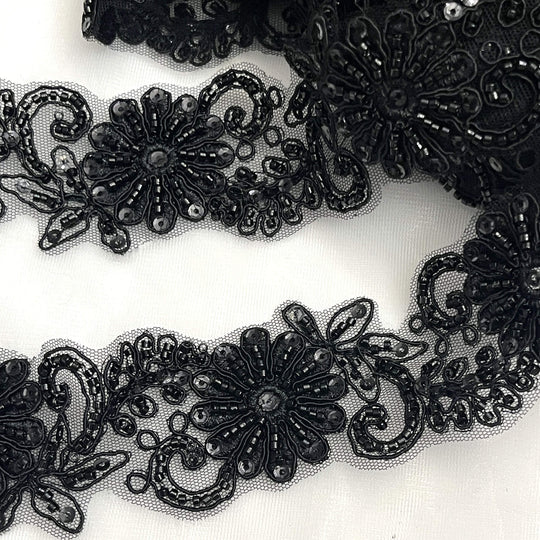 Closeup of Black color  Floral Beaded and Corded Lace Trim Embroidered Net Mesh | Lace USA #96275WHB Black