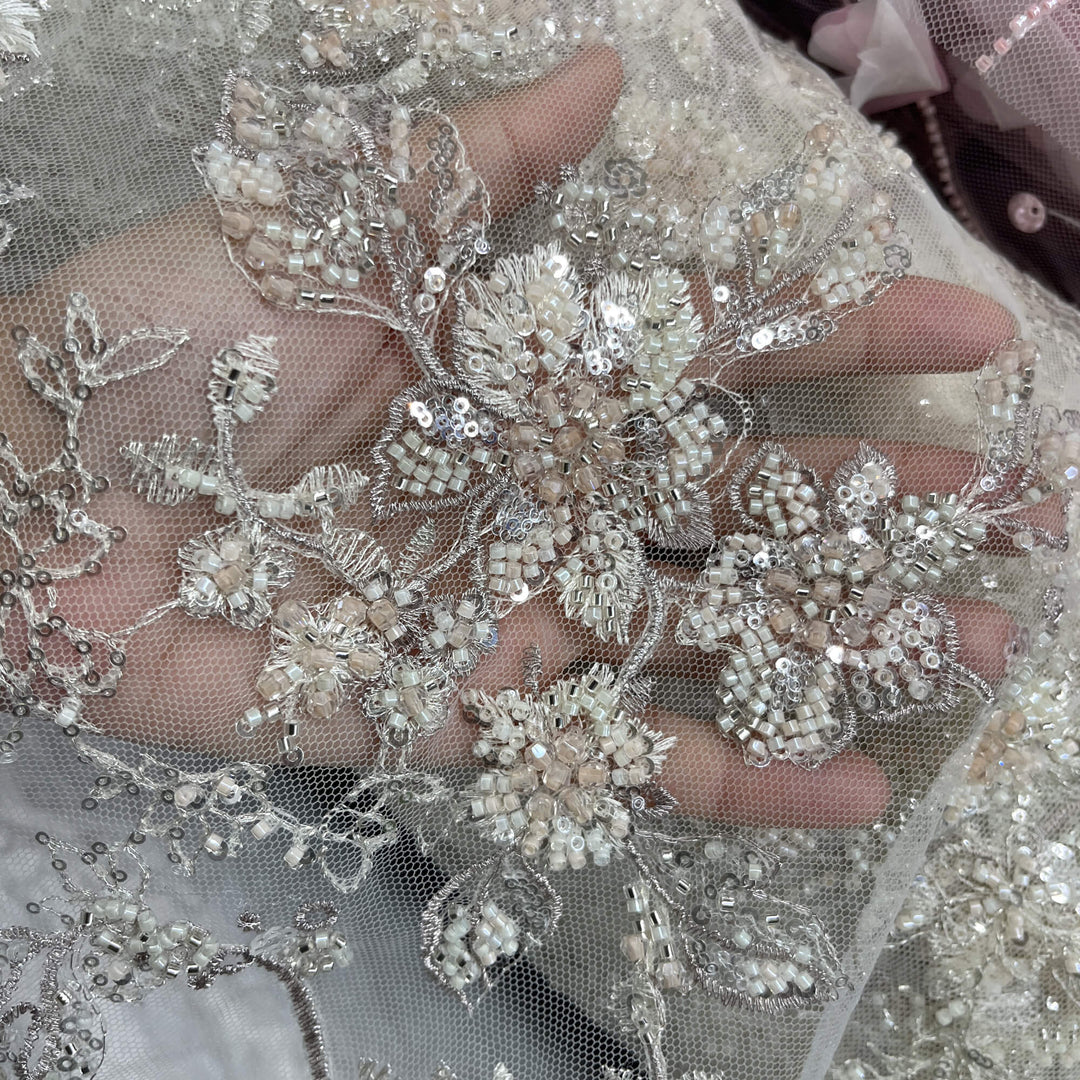 Beaded Lace Fabric Embroidered on 100% Polyester Net Mesh | Lace USA - GD-26229