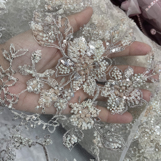 Beaded Lace Fabric Embroidered on 100% Polyester Net Mesh | Lace USA - GD-26229