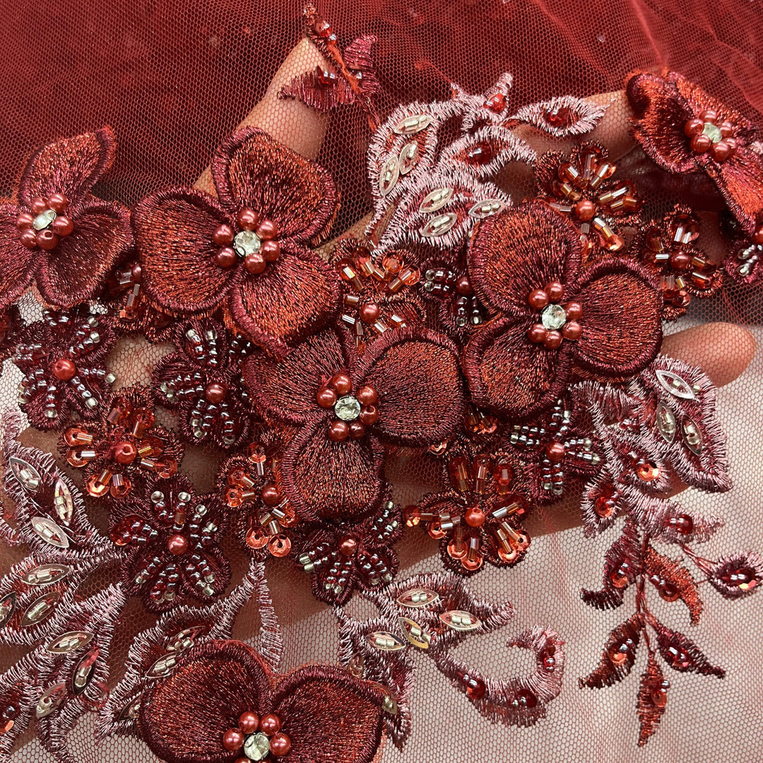 Closeup of Lace USA GD-3040 3D Red floral lace, embellished with beads and rhinestones—ideal for dresses, gowns, and formalwear.