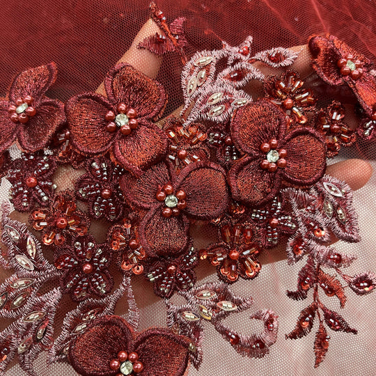 Closeup of Lace USA GD-3040 3D Red floral lace, embellished with beads and rhinestones—ideal for dresses, gowns, and formalwear.
