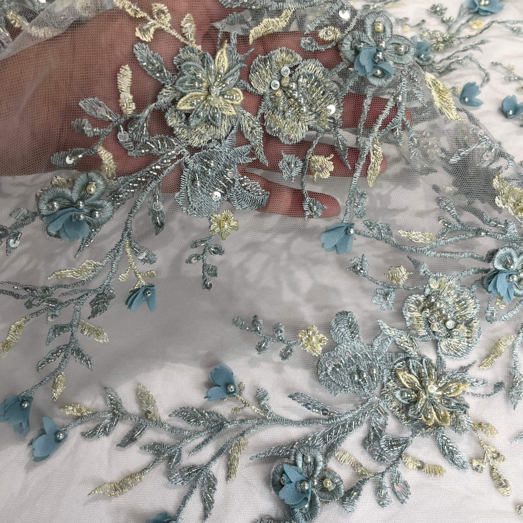 Closeup Dusty Blue Beaded 3D floral  Lace Embroidered on Net Mesh - LaceUSA Item GD3165 