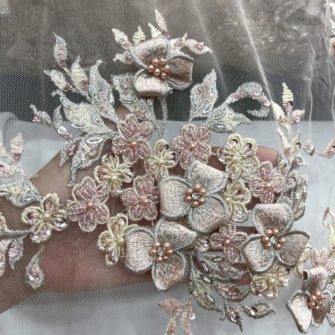 Closeup view of Lace USA GD-3040 3D Blush floral lace, embellished with beads and rhinestones—ideal for dresses, gowns, and formalwear.
