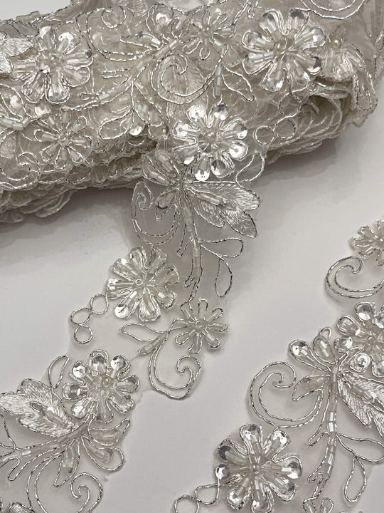 Beaded & Corded Lace Trimming Embroidered on 100% Polyester Net Mesh | Lace USA - 96283W-BP