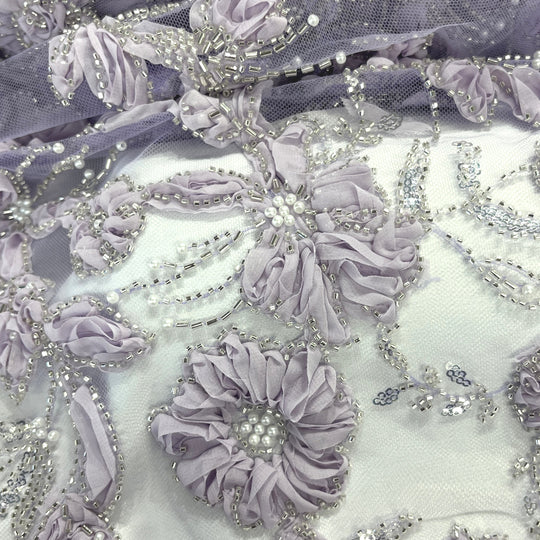 Beaded 3D Floral Lace Fabric Embroidered on 100% Polyester Net Mesh | Lace USA - GD-10143