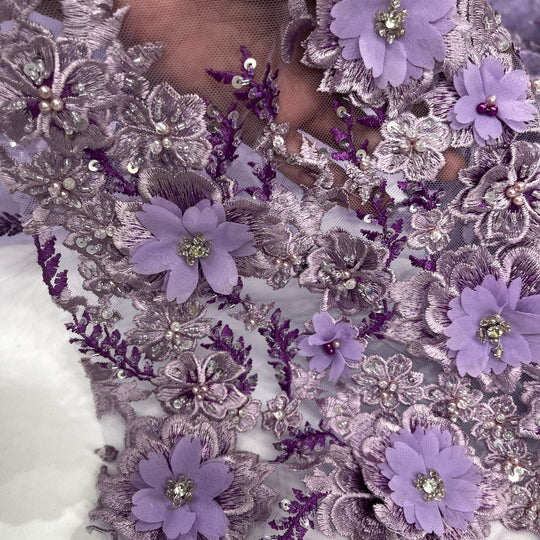Beaded 3D Floral Lace Fabric Embroidered on 100% Polyester Net Mesh | Lace USA - GD-2880