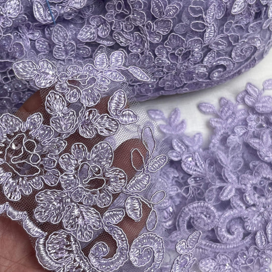 Beaded & Corded Lace Trimming Embroidered on 100% Polyester Net Mesh | Lace USA - 96796W-HB