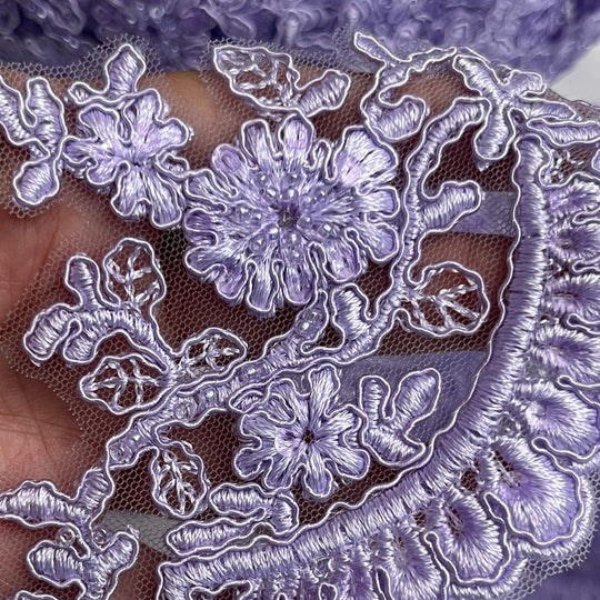 Close-up of lilac floral scalloped lace trim with beads and corded embroidery on net mesh – LaceUSA 96215WHB