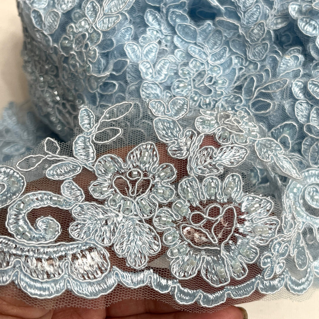 Beaded & Corded Lace Trimming Embroidered on 100% Polyester Net Mesh | Lace USA - 96796W-HB