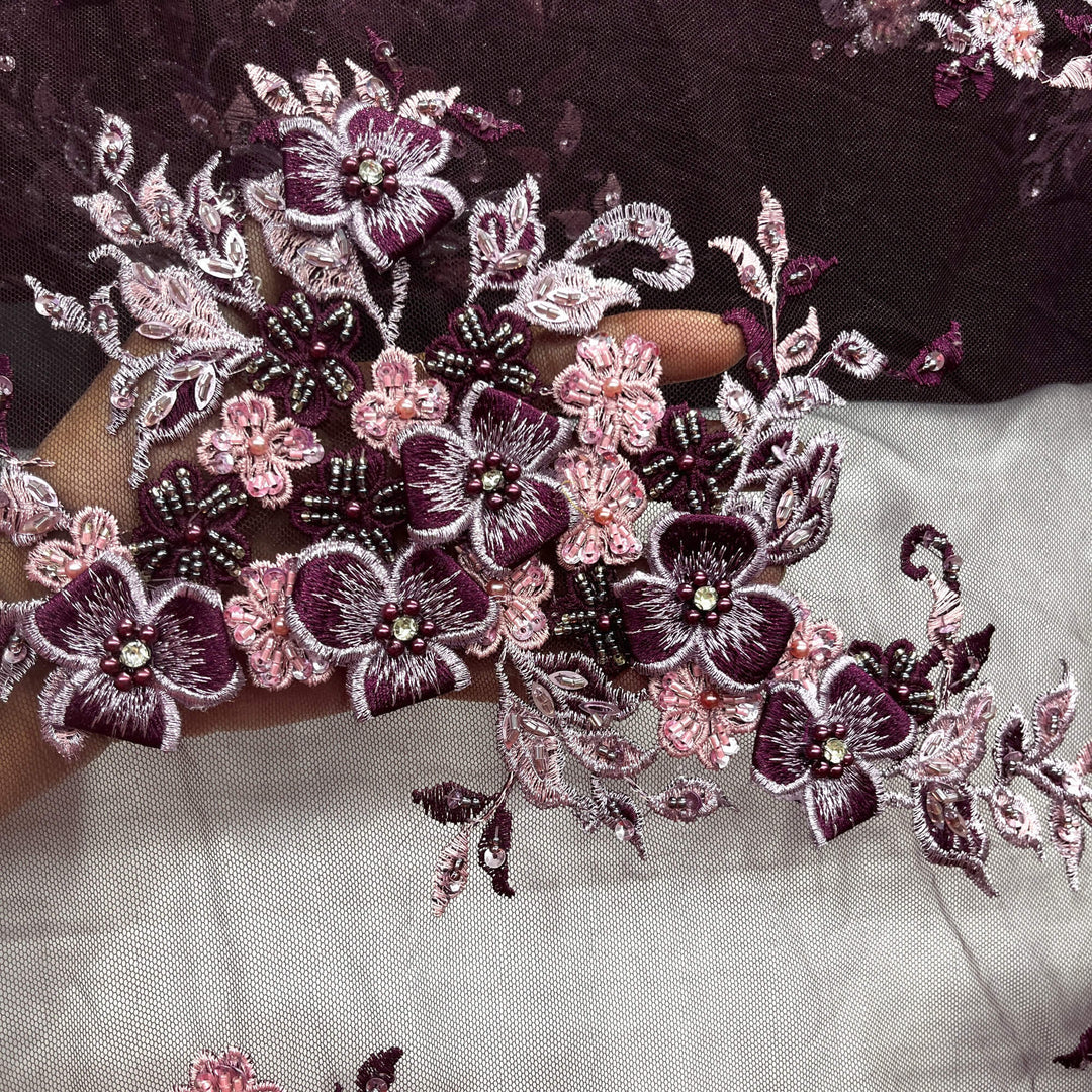 Closeup of Lace USA GD-3040 3D magenta floral lace, embellished with beads and rhinestones—ideal for dresses, gowns, and formalwear.