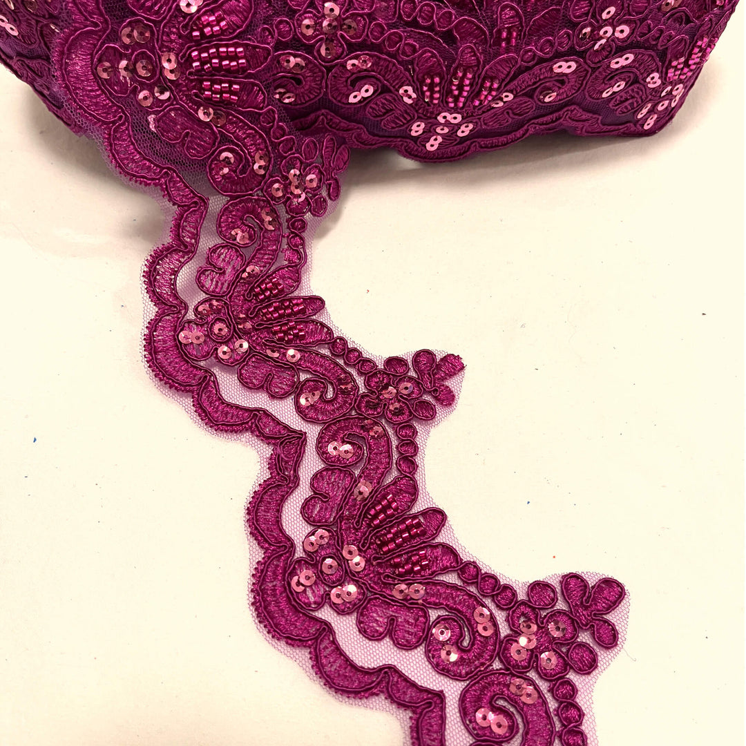 Ribete de encaje con cordón y cuentas bordado en malla de red 100 % poliéster | Encaje EE. UU.