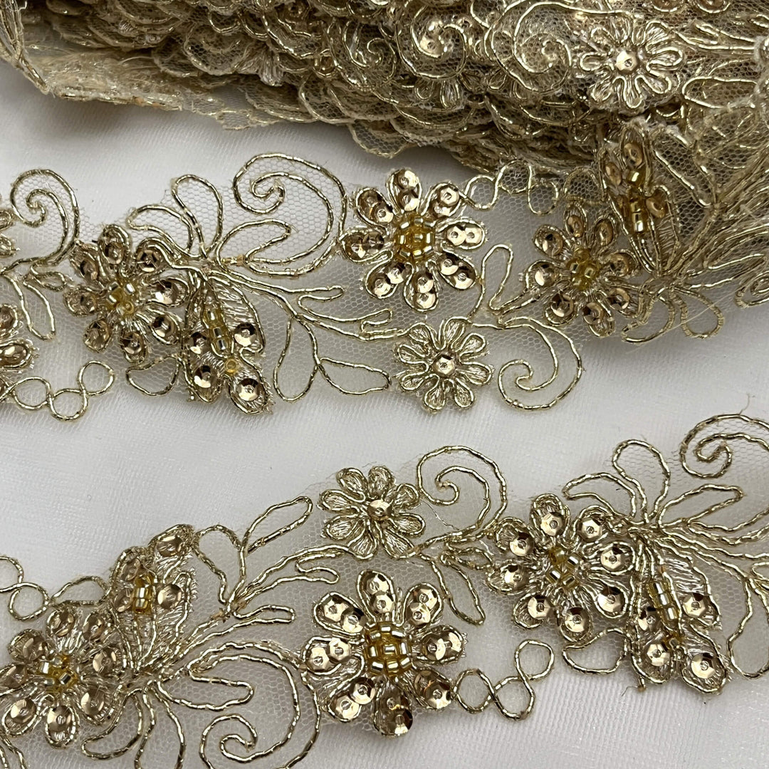 Beaded & Corded Lace Trimming Embroidered on 100% Polyester Net Mesh | Lace USA - 96283W-BP