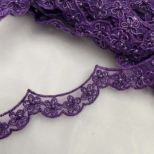 Beaded & Corded Lace Trimming Embroidered on 100% Polyester Net Mesh | Lace USA - 96758N-BP