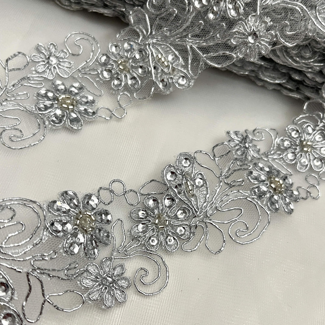 Beaded & Corded Lace Trimming Embroidered on 100% Polyester Net Mesh | Lace USA - 96283W-BP