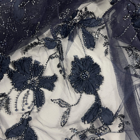 Close-up of 3D Navy floral lace with beads, pearls and sequins on embroidered on net mesh fabric - - LaceUSA GD-10143-7