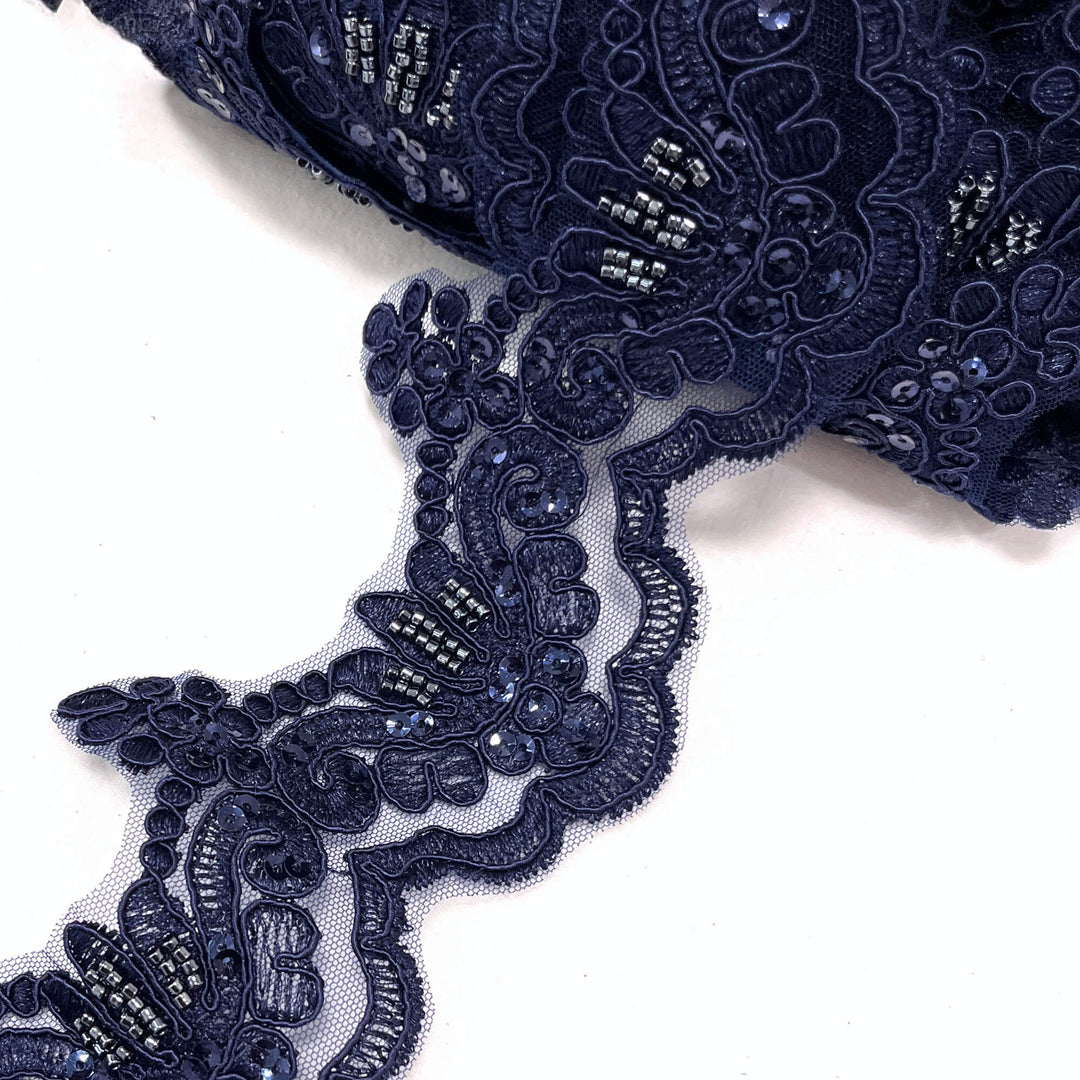 Ribete de encaje con cordón y cuentas bordado en malla de red 100 % poliéster | Encaje EE. UU.