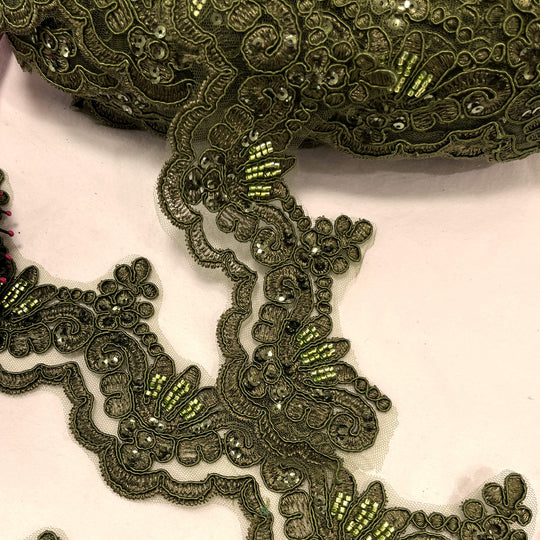 Ribete de encaje con cordón y cuentas bordado en malla de red 100 % poliéster | Encaje EE. UU.