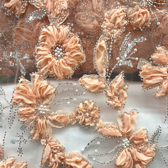Close-up of Peach  3D flower lace with beads, pearls and sequins on embroidered mesh fabric - LaceUSA GD-10143-8