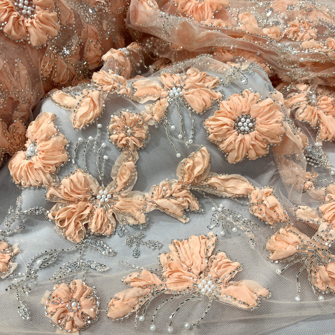 Close up of peach 3D  floral lace with beads pearls and sequins on embroidered mesh - LaceUSA GD-10143-8 