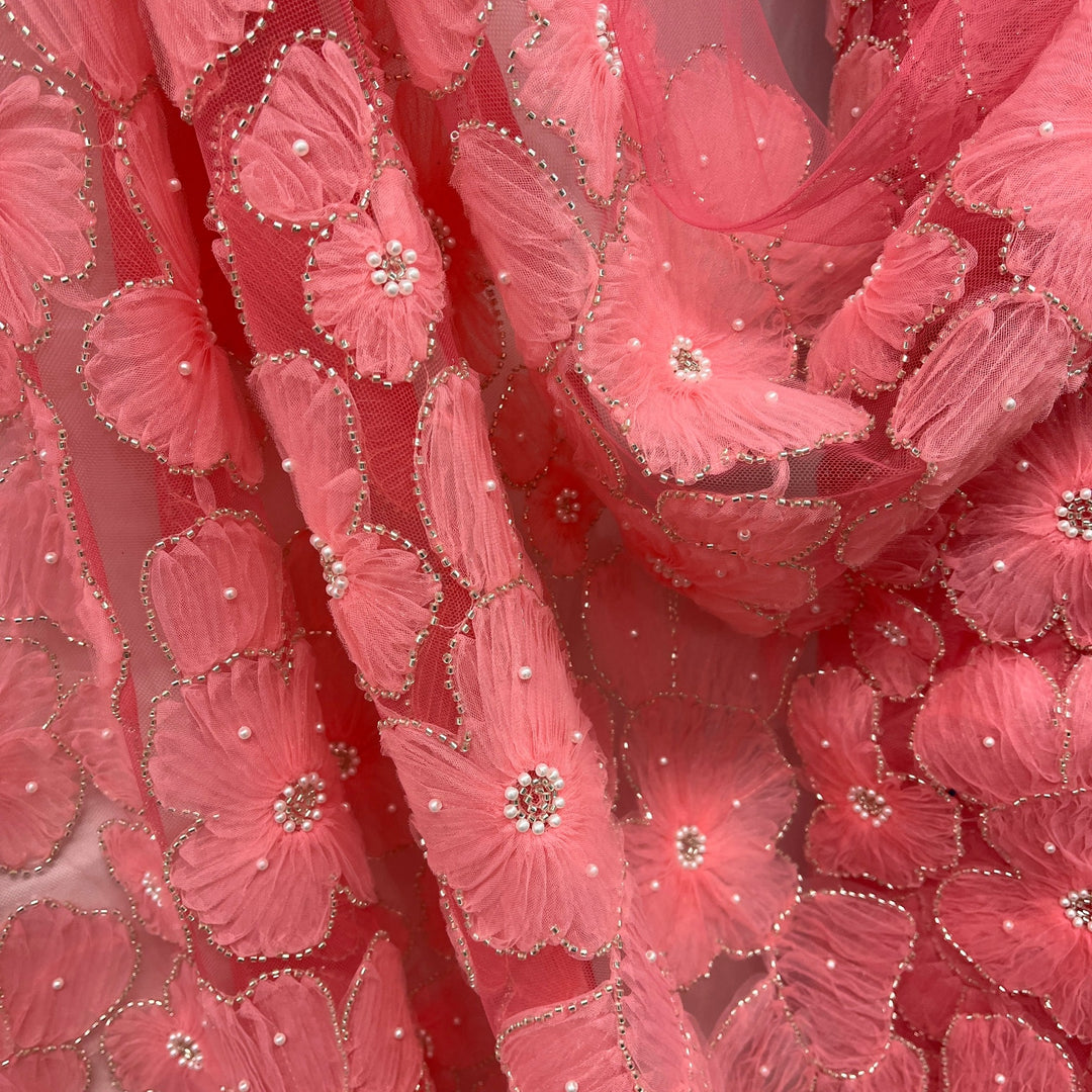 Close up of Peach Beaded 3D Floral Lace Fabric Embroidered on 100% Polyester Net Mesh | Lace USA - GD-216