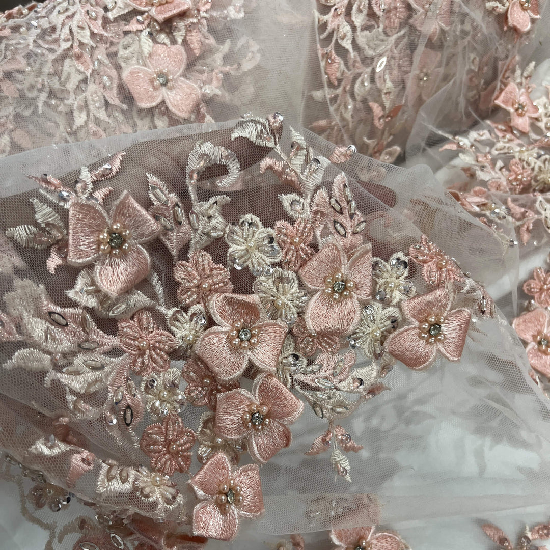 closeup view of Lace USA GD-3040 3D Peach floral lace, embellished with beads and rhinestones—ideal for dresses, gowns, and formalwear.