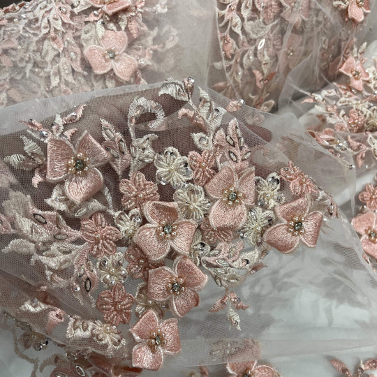 closeup view of Lace USA GD-3040 3D Peach floral lace, embellished with beads and rhinestones—ideal for dresses, gowns, and formalwear.