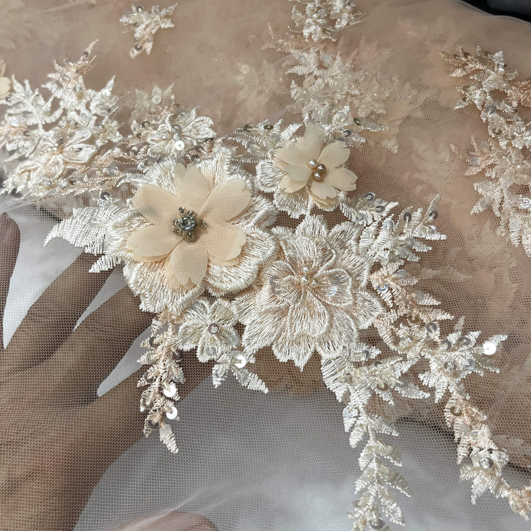 Beaded 3D Floral Lace Fabric Embroidered on 100% Polyester Net Mesh | Lace USA - GD-2880