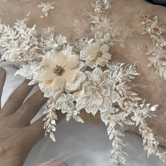 Beaded 3D Floral Lace Fabric Embroidered on 100% Polyester Net Mesh | Lace USA - GD-2880