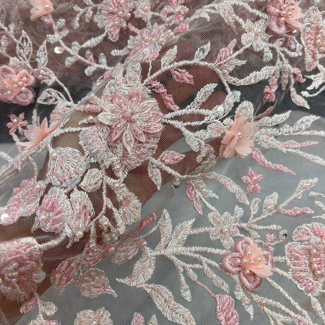 Closeup of Pink Beaded 3D floral  Lace Embroidered on Net Mesh - LaceUSA Item GD3165 